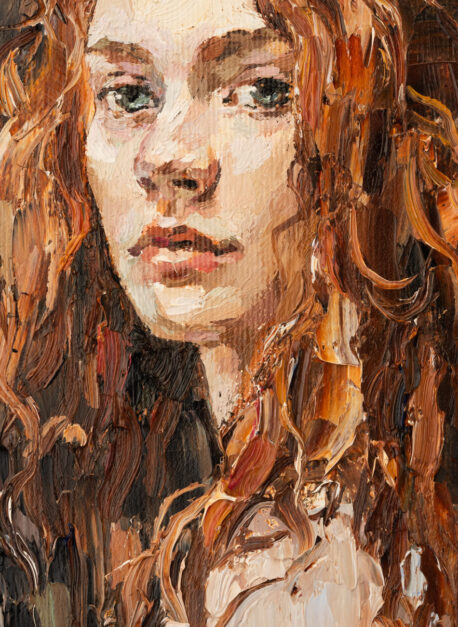 Art painting. Fragment of portrait of a girl with brown hair is made in a classic style.