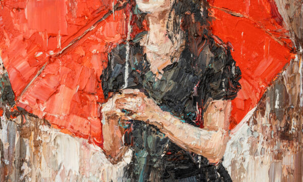 Girl with a red umbrella. Oil painting on canvas.