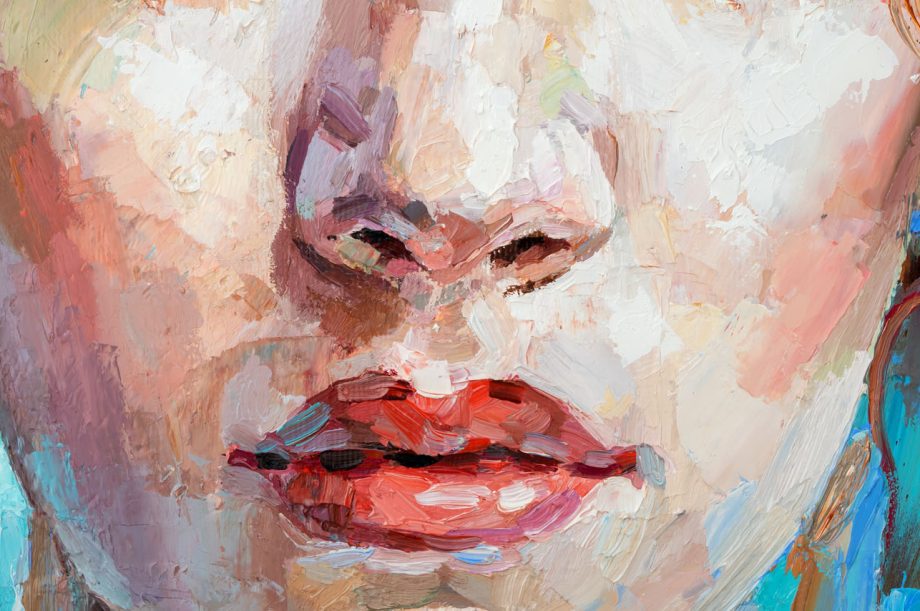 Fragment of art painting. Portrait of a girl with blond hair is made in a classic style.  
A woman's face with red lips.